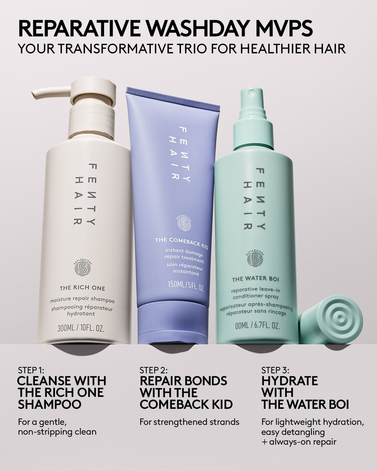 Reparative washday MVPs. Your transformative trio for healthier hair. Step 1: Cleanse with The Rich One Shampoo for a gentle non-stripping clean. Step 2: Repairs bonds with The Comeback Kid for strengthened strands. Step 3: Hydrate with The Water Boi for lightweight hydration, easy detangling and always on repair.
