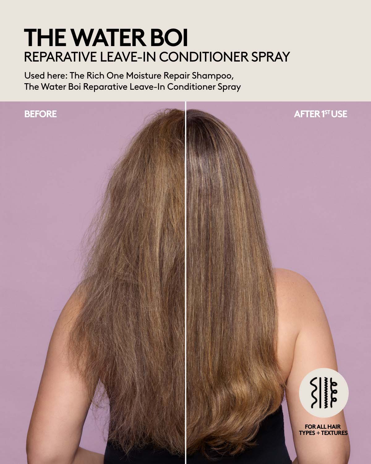 The Water Boi Reparative Leave-In Conditioner Spray before and after on long hair.