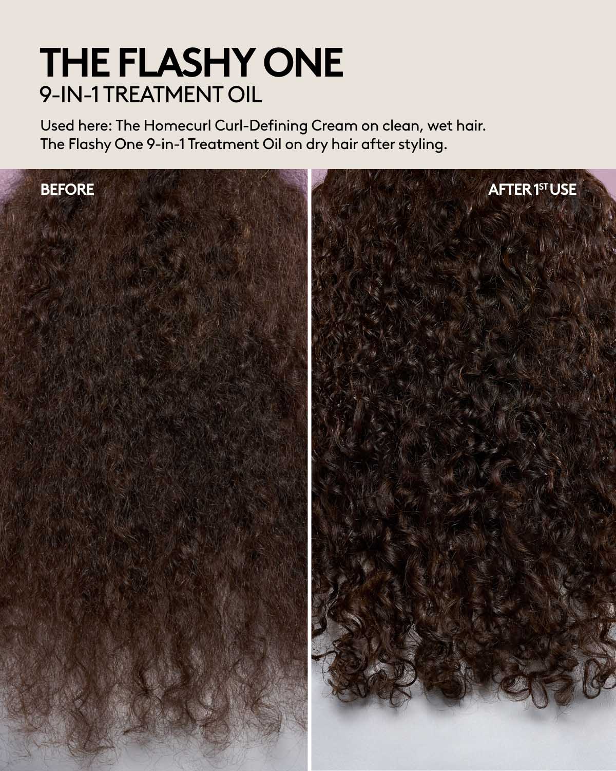 Before and after comparison of hair using The Flashy One 9-in-1 Treatment Oil.
