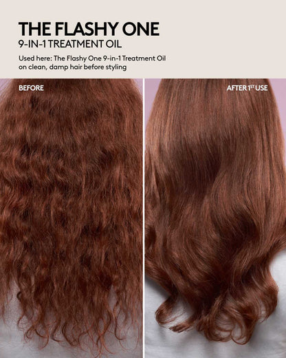 Before and after comparison of hair treated with 'The Flashy One 9-in-1 Treatment Oil'.