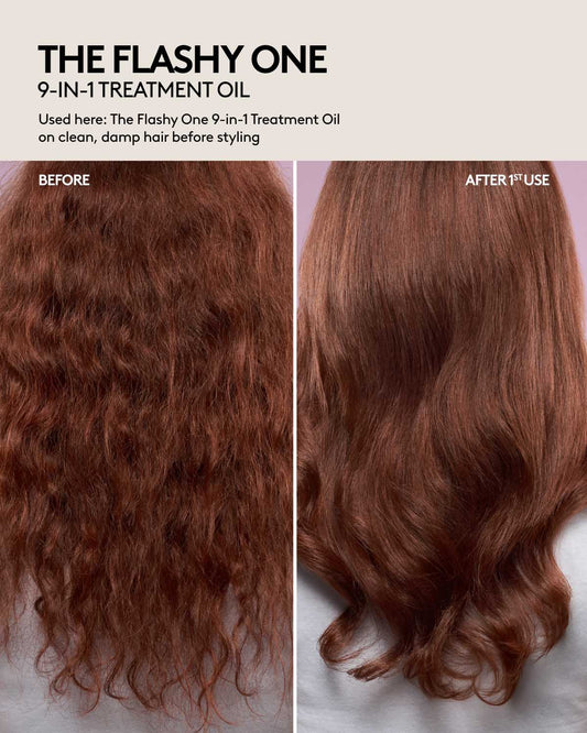 Before and after comparison of hair treated with 'The Flashy One 9-in-1 Treatment Oil'.