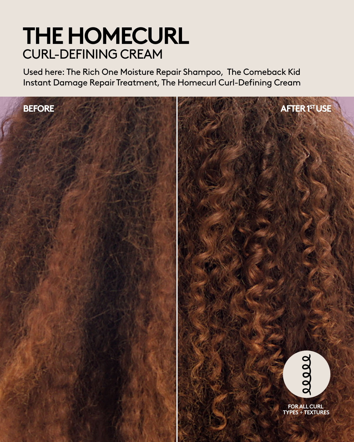 The Homecurl Curl-Defining Cream before and after results after one use on curly hair