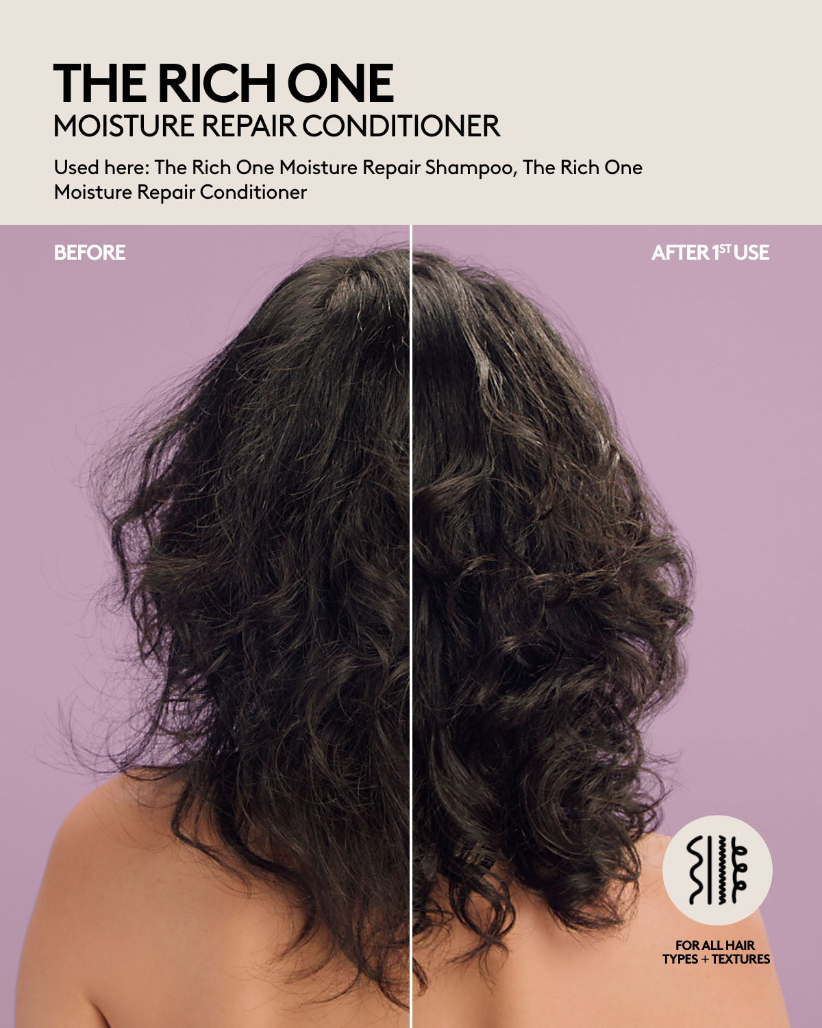 Curly medium-length hair before and after one use of Fenty Hair Shampoo and Conditioner, curls are defined, hair is shiny, appears healthier and hydrated. Fenty Hair is for all hair types + textures.