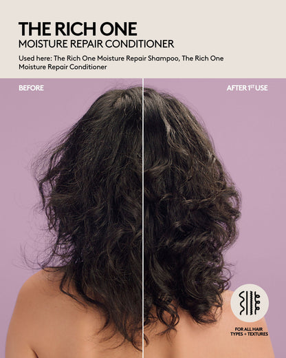 Curly medium-length hair before and after one use of Fenty Hair Shampoo and Conditioner, curls are defined, hair is shiny, appears healthier and hydrated. Fenty Hair is for all hair types + textures.