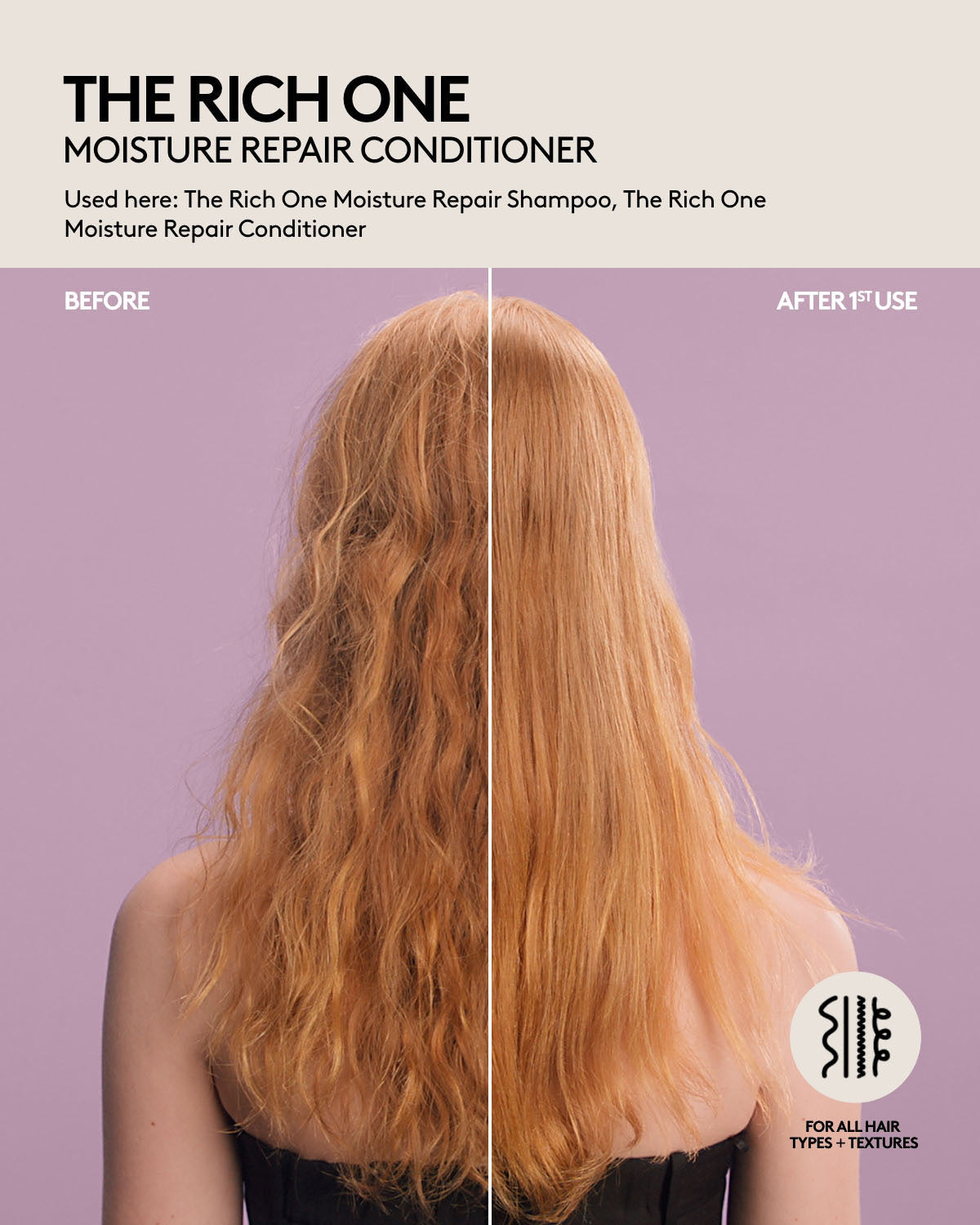 Straight medium-length hair before and after one use of Fenty Hair Moisture Repair Shampoo and Conditioner, hair is frizz-free, shiny, smooth and hydrated. Fenty Hair is for all hair types + textures.