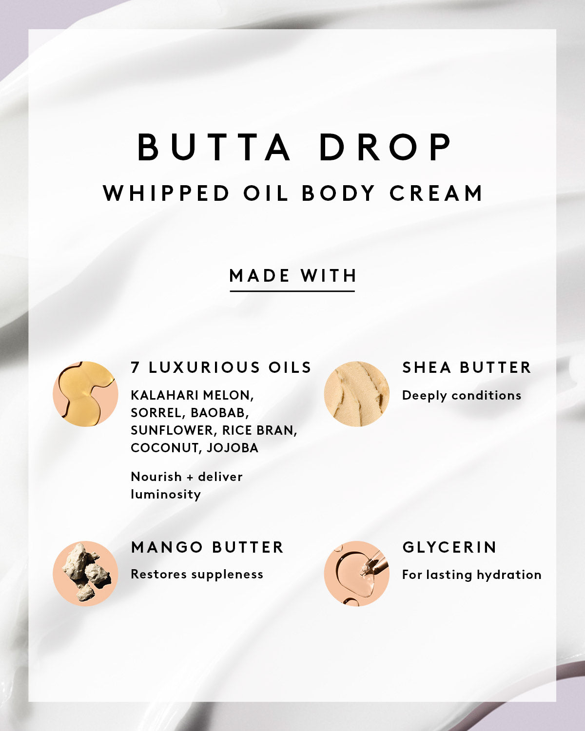 Overlay text showing Butta Drop's main ingredients: 7 luxurious oils, shea butter, mango butter, glycerin.
