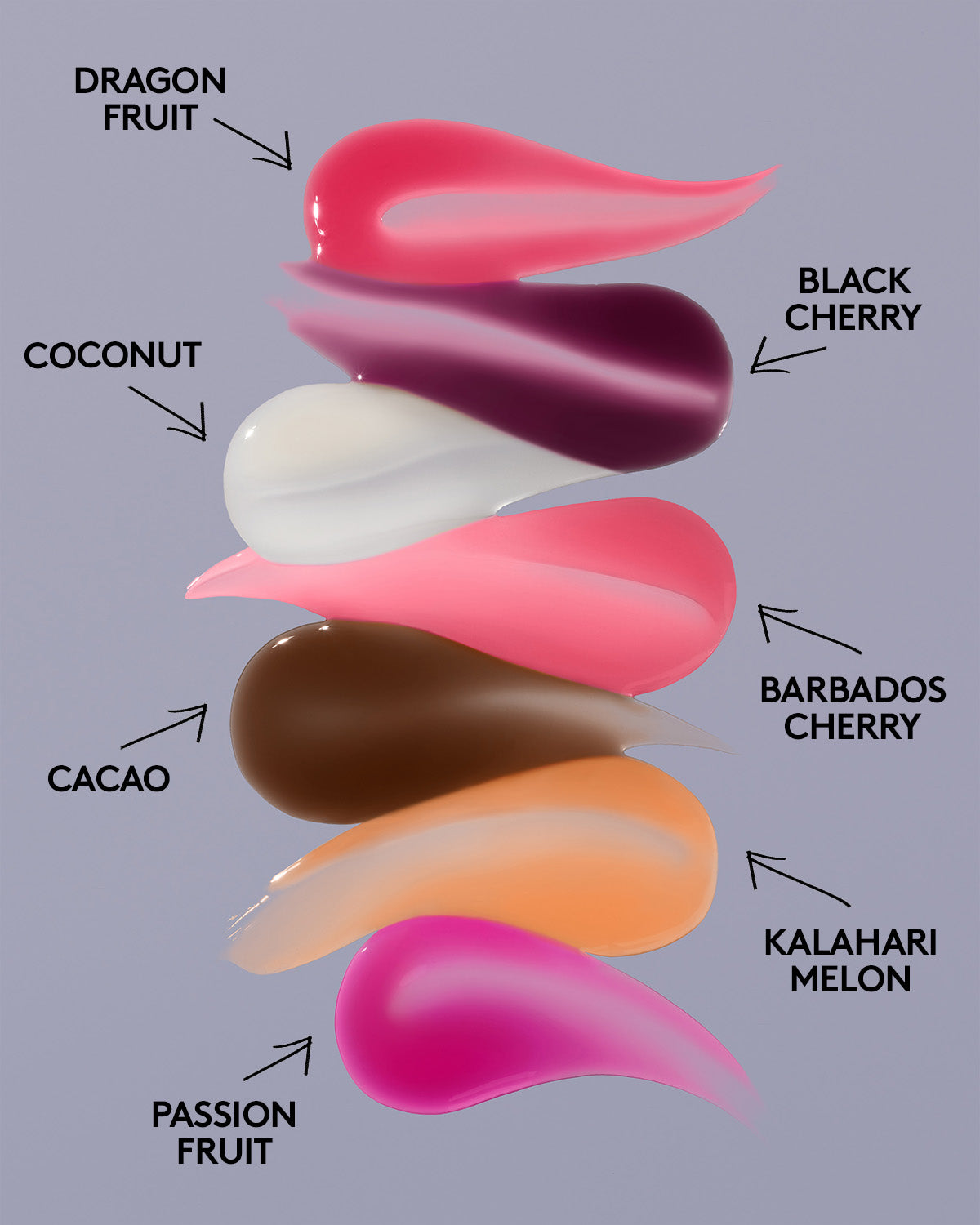 Lip oil color swatches labeled with scent names on a gray background