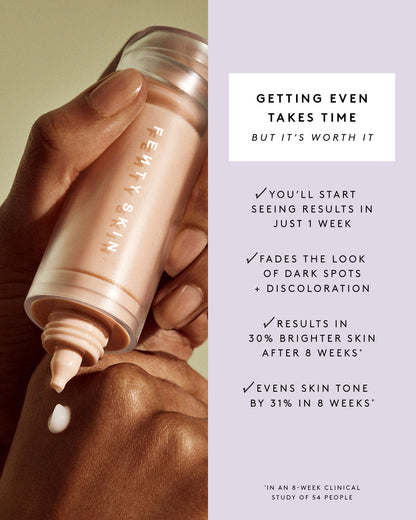 A hand applying the Watch Ya Tone serum on the hand with overlay text on the side detailing its benefits.