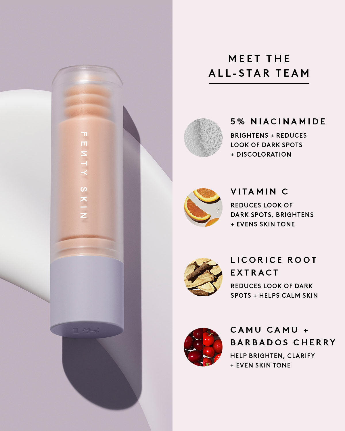 The Watch Ya Tone Niacinamide serum container next to a list of its main ingredients: niacinamide, vitamin C, licorice root extract, camu camu, Barbados cherry.