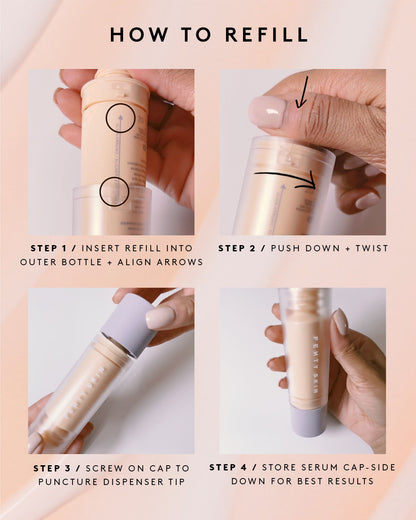 Step-by-step instructions on how to refill the Watch Ya Tone serum container.