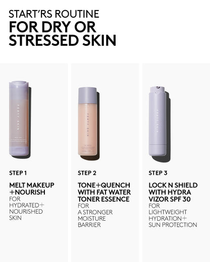 3-step cleansing routine for dry and stressed skin showing the following products: Melt AWF, Fat Water Toner Essence, Hydra Vizor.