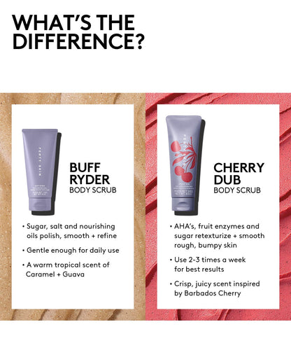 Comparison between the Buff Ryder Body Scrub, for gentle daily use, and Cherry Dub Body Scrub, to be used 2 to 3 times a week.