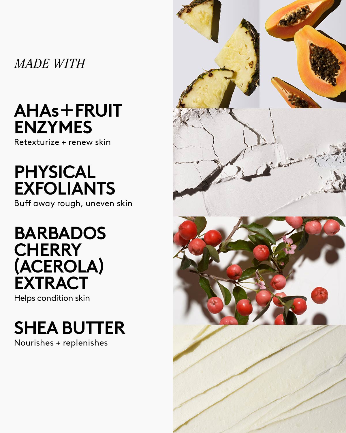 Close-up of the Cherry Dub Face Scrub's five main ingredients next to their names: AHAs & fruit enzymes, Barbados cherry, physical exfoliants, and shea butter.