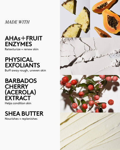 Close-up of the Cherry Dub Face Scrub's five main ingredients next to their names: AHAs & fruit enzymes, Barbados cherry, physical exfoliants, and shea butter.