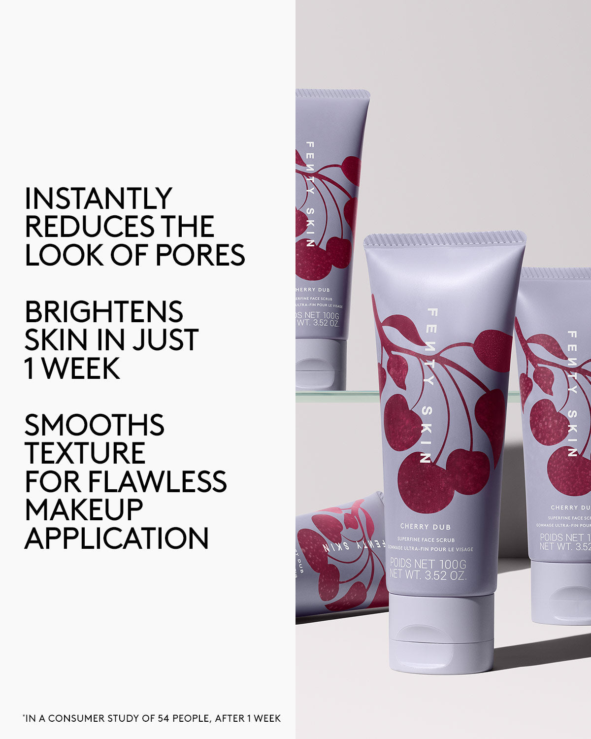 Four bottles of Cherry Dub Face Scrub next to the text detailing its benefits.