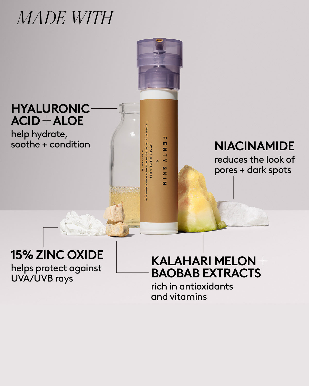 Hydra Vizor Huez Tinted Moisturizer Sunscreen has hyaluronic acid + aloe, niacinamide, 15% zinc oxide, and kalahari melon + baobab extracts.