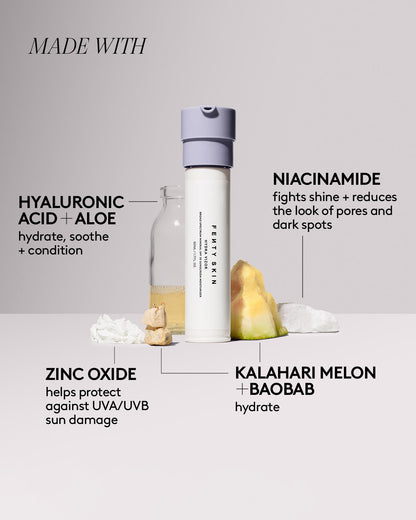 made with hyaluronic acid + aloe, niacinimide, zinc oxide, kalahari melon + baobab