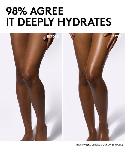 Before and after comparison of legs with hydration text.
