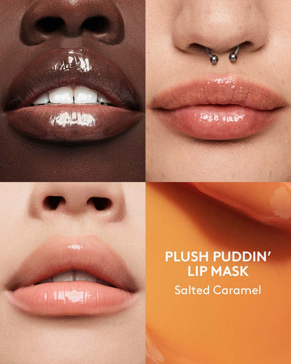 Close-up of lips with different shades and a lip mask labeled 'Plush Puddin' Lip Mask Salted Caramel'.
