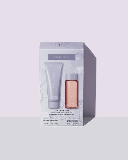 outer packaging for Fenty Skin The Daily Duo Mini Cleanser + Fat Water Toner Serum Duo on lavender background
