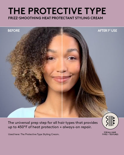 before and after of protective type on blonde curly haired model