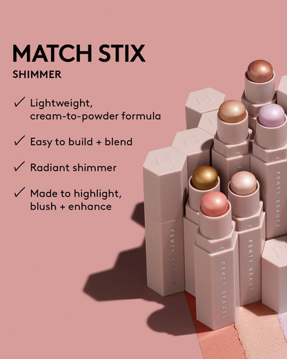 Infographic with text on the left and image of Match Stix Shimmer on the right. Text reads: Lightweight, cream-to-powder formula, Easy to build + blend, Radiant shimmer, Made to highlight, blush + enhance.