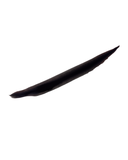 A thick swatch of Flyliner Longwear Liquid Eyeliner in the color "Cuz I'm Black", showcasing its satin black finish, boldly contrasted against a pristine white background.